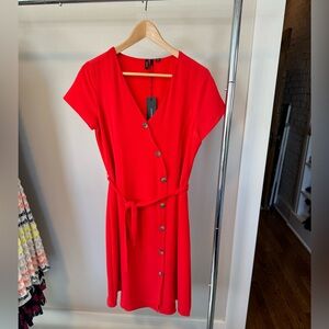 Red midi box dress with large buttons
